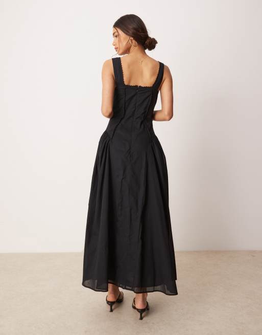 ASOS DESIGN square neck prairie maxi sundress with dropped waist in black, 4 of 4