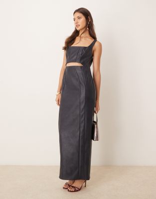 Asos Design Square Neck Pu Maxi Pencil Dress With Cut-out In Midnight Blue