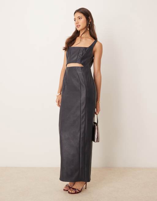 ASOS DESIGN square neck PU maxi pencil dress with cut-out in midnight blue