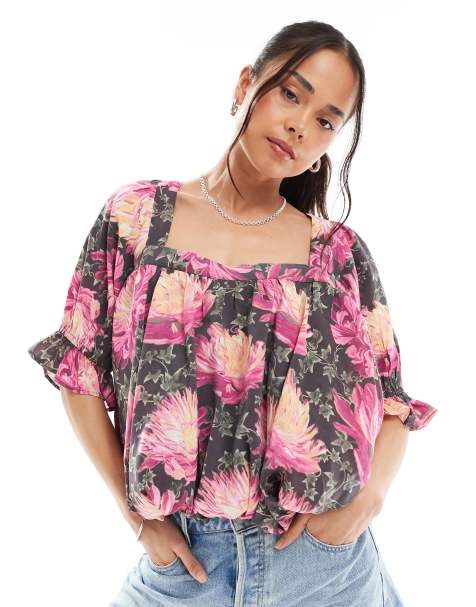 ASOS DESIGN square neck puff blouse in floral print - view 1