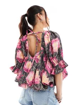 ASOS DESIGN square neck puff blouse in floral print