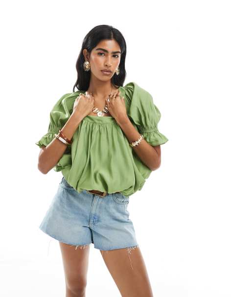 ASOS DESIGN square neck puff blouse in Green - view 1