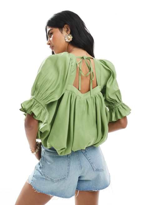 ASOS DESIGN square neck puff blouse in Green