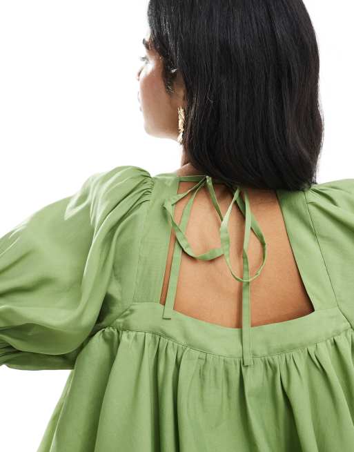 ASOS DESIGN square neck puff sleeve blouse in green