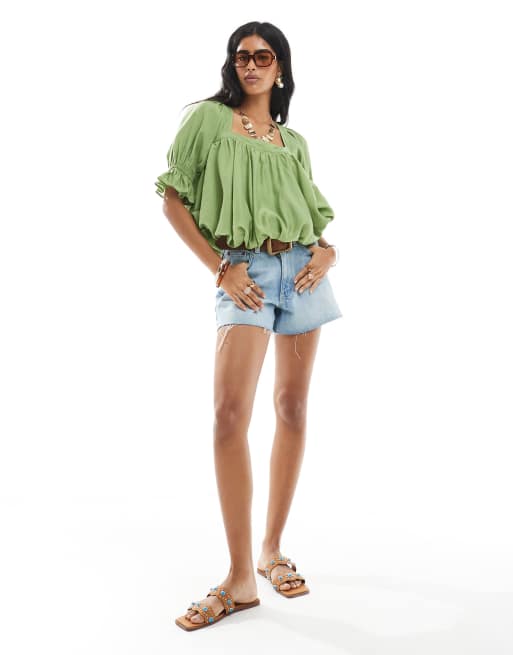 ASOS DESIGN square neck puff sleeve blouse in green