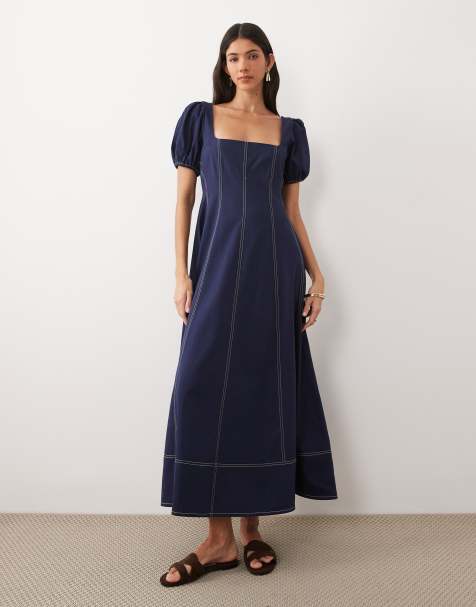 ASOS DESIGN square neck puff sleeve maxi dress with contrast stitch seam detailing in navy - view 1