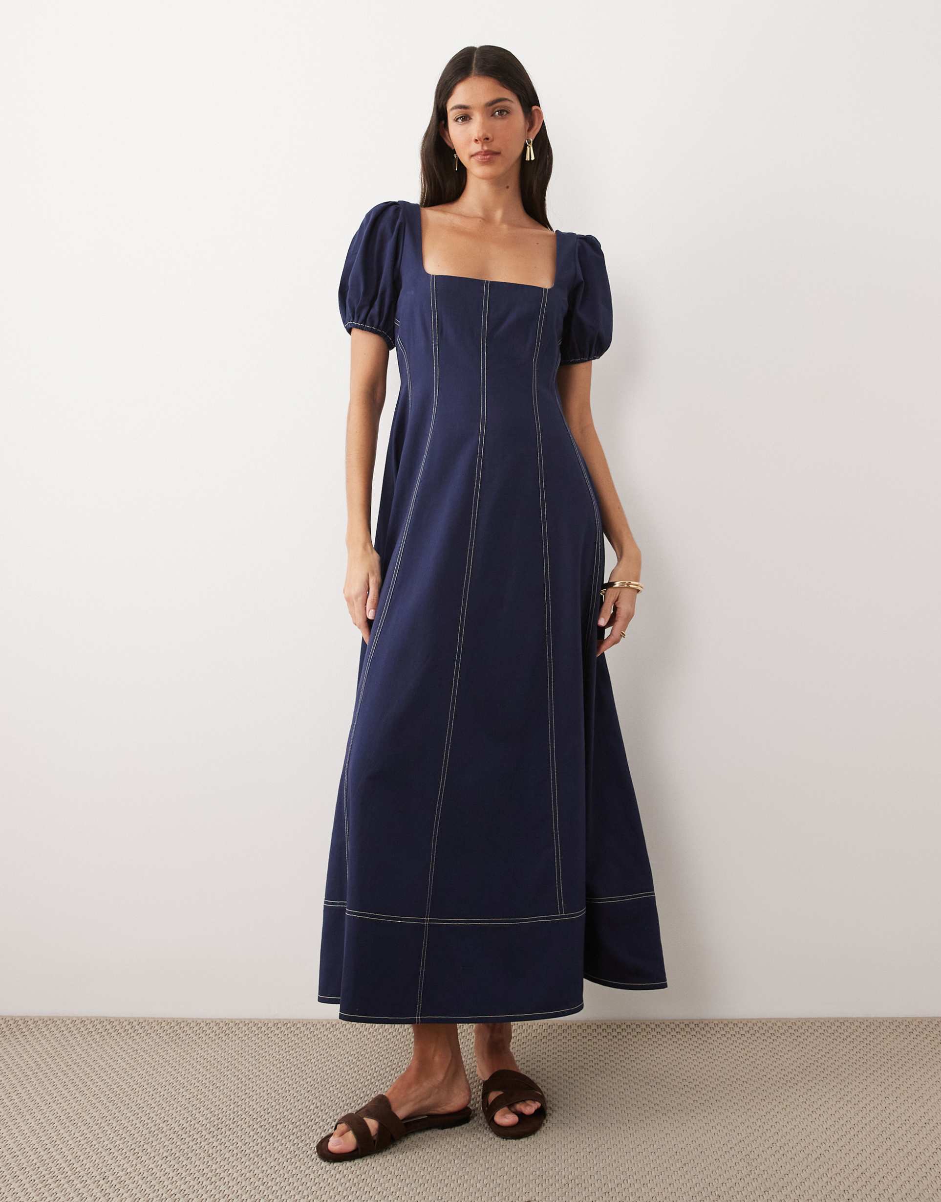 asos design square neck puff sleeve maxi dress with contrast stitch seam detailing in navy
