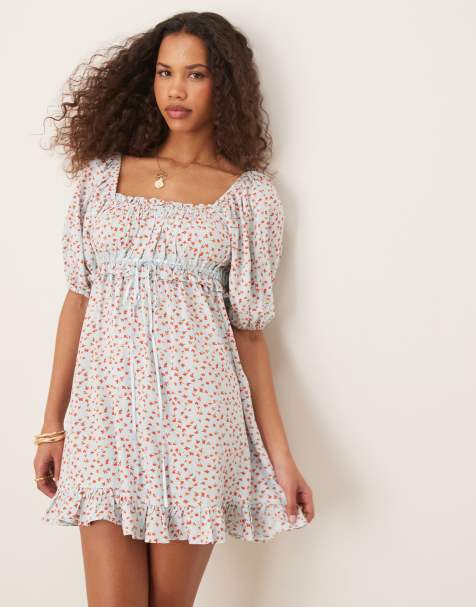ASOS DESIGN square neck puff sleeve mini smock dress in blue ditsy print - view 1