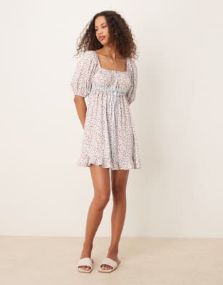Asos Design Square Neck Puff Sleeve Mini Smock Dress In Multi