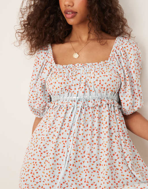 ASOS DESIGN square neck puff sleeve mini smock dress in blue ditsy print