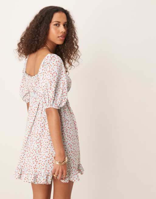 ASOS DESIGN square neck puff sleeve mini smock dress in blue ditsy print