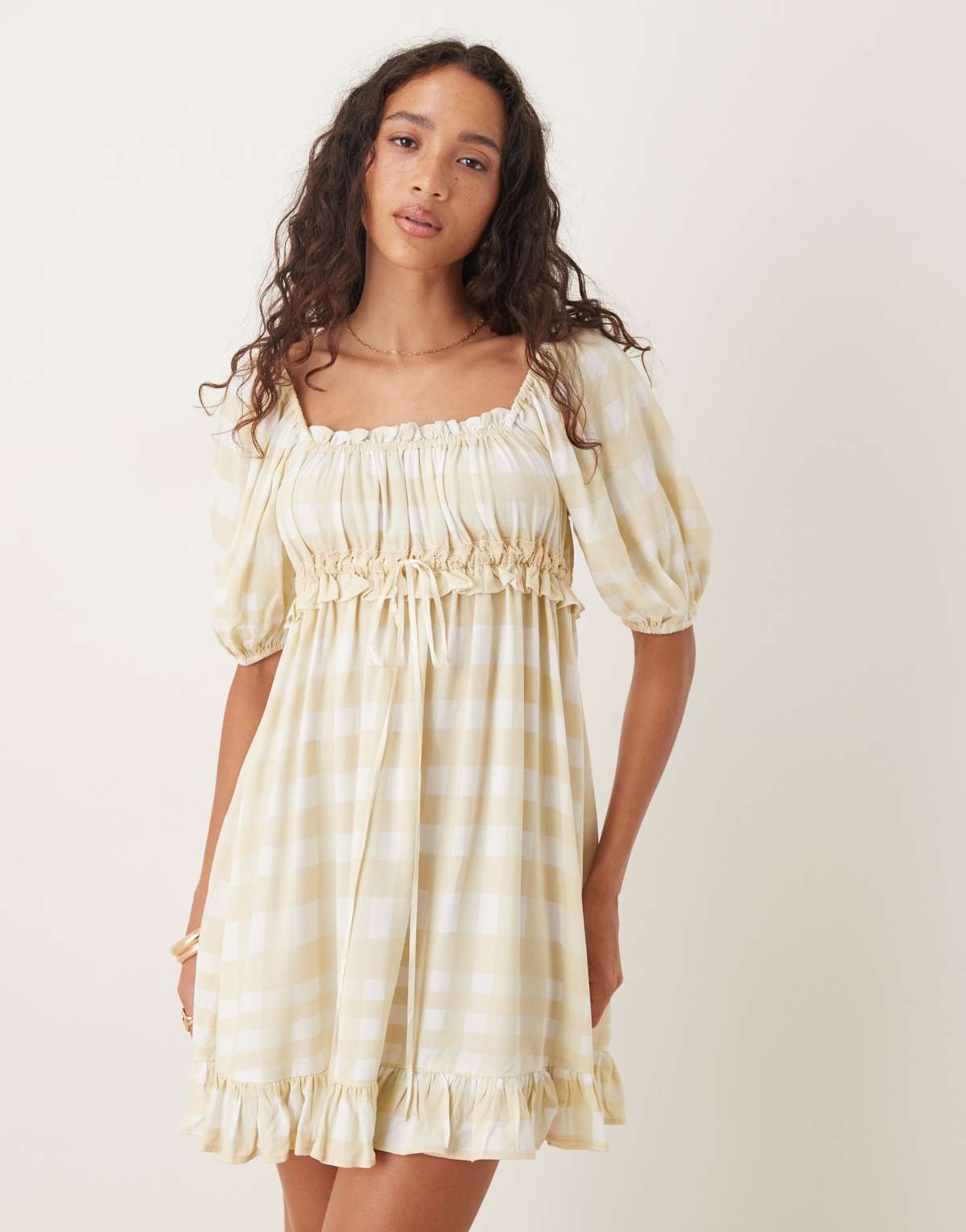 ASOS DESIGN square neck puff sleeve mini smock dress in yellow check print
