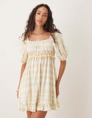 square neck puff sleeve mini smock dress in yellow gingham print-Multi