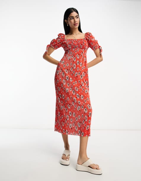 ASOS DESIGN square neck puff sleeve plisse midi dress in red daisy - view 1