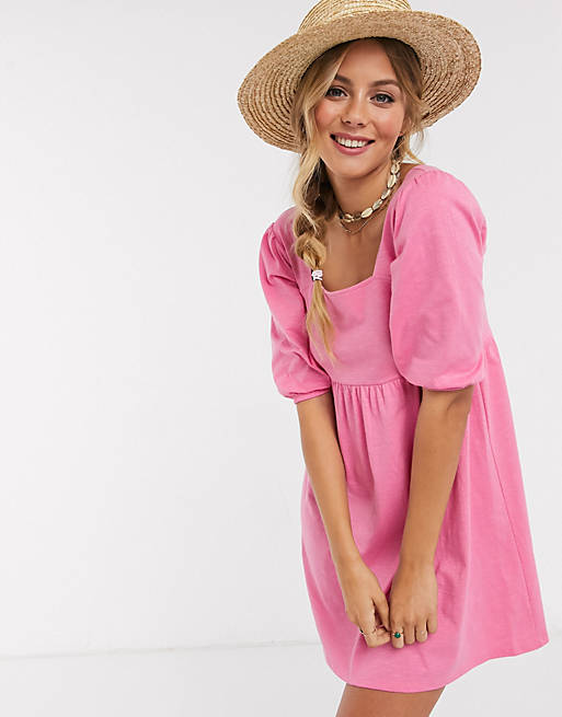 ASOS DESIGN square neck puff sleeve smock dress in pink | ASOS