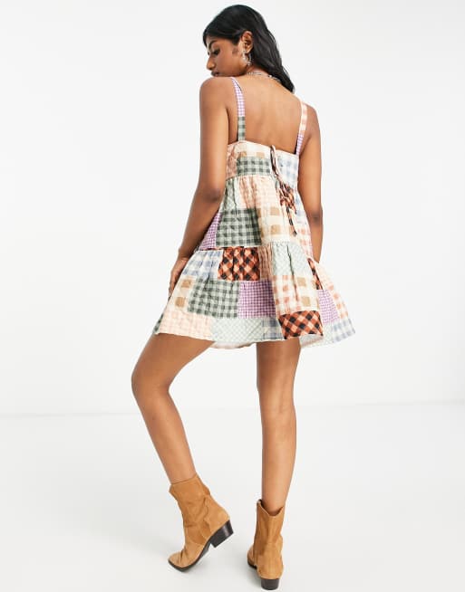 ASOS DESIGN square neck quilted mini dress in patchwork gingham