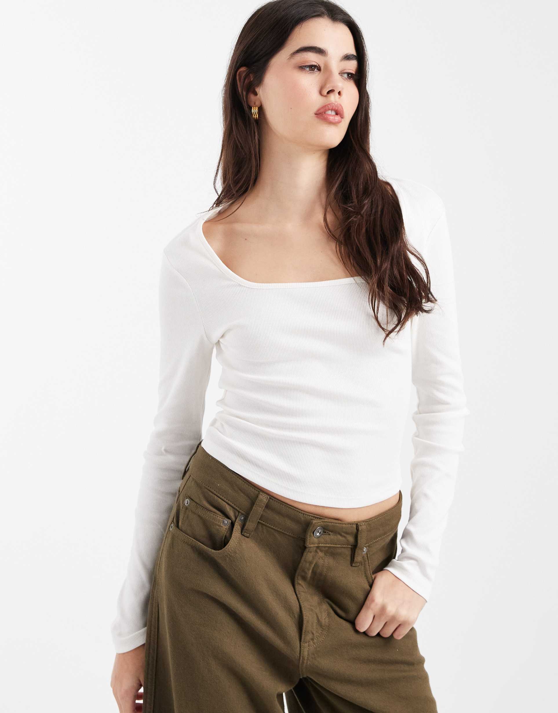 asos design square neck ribbed long sleeve top in cream