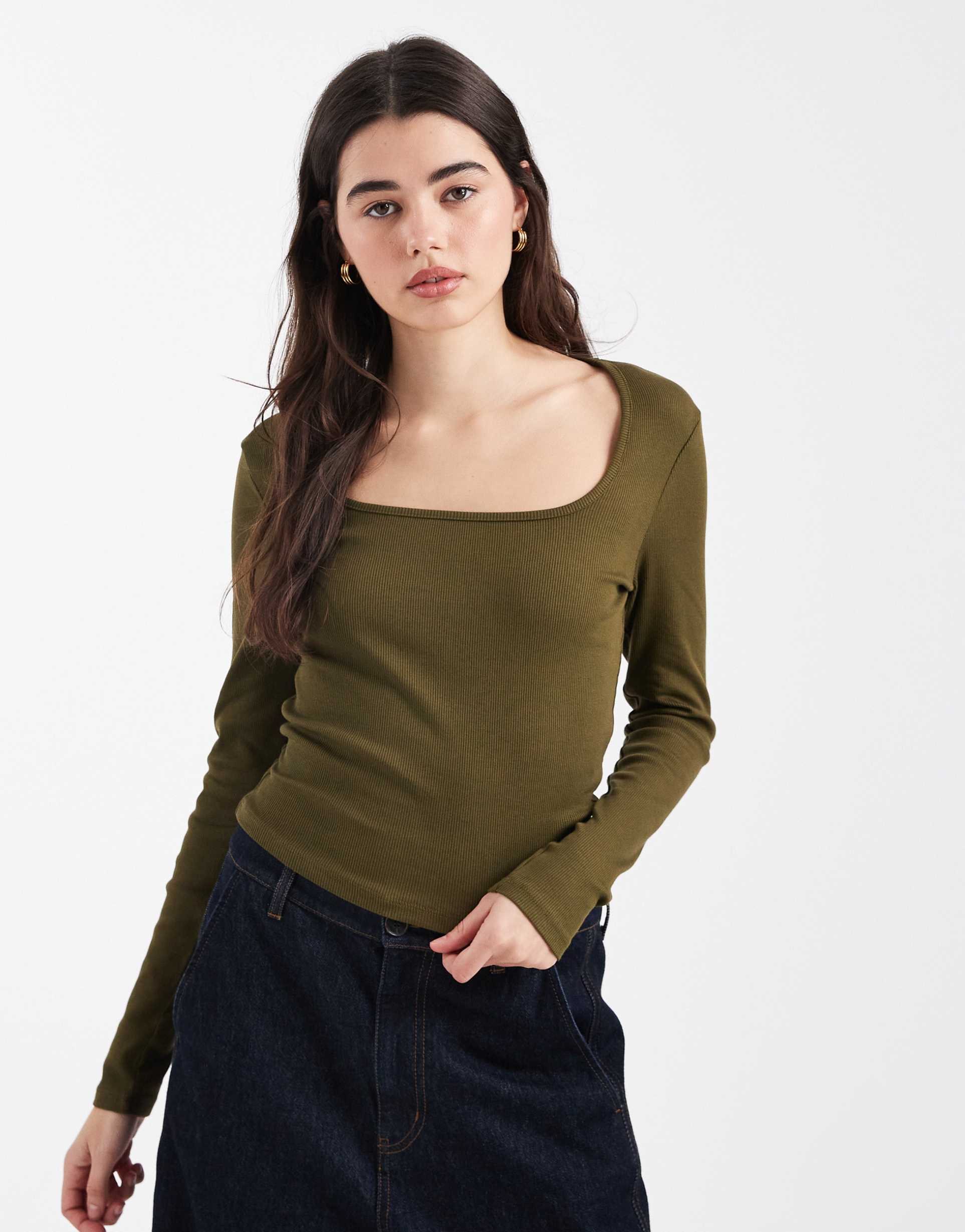 asos design square neck ribbed long sleeve top in dark olive