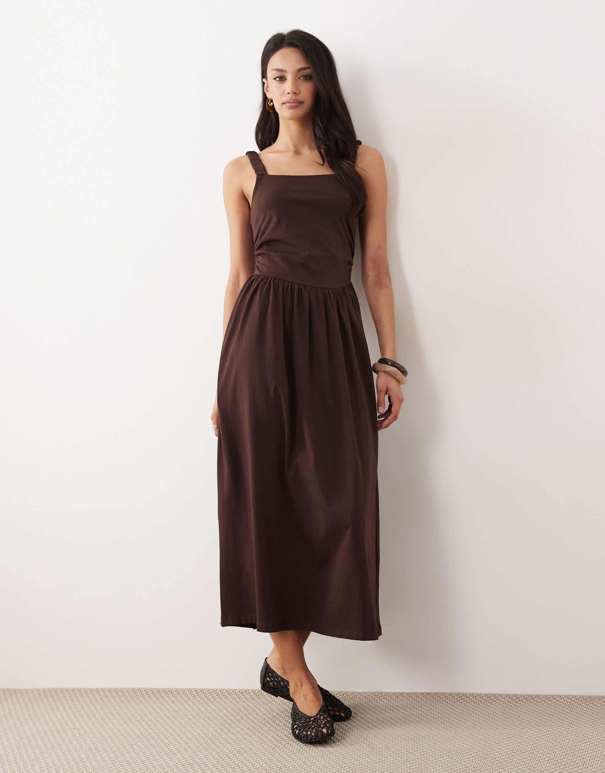 asos design square neck ruched bodice midi dress in chocolate