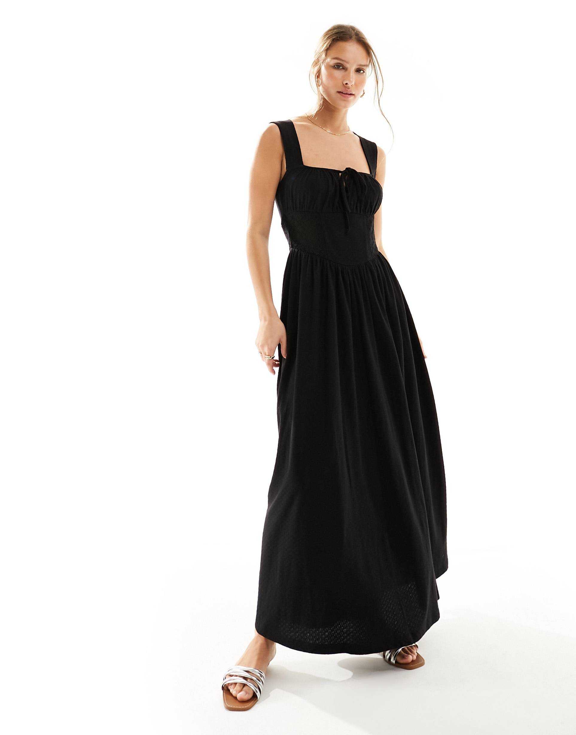 asos design square neck ruched bust maxi dress with lace inserts in black