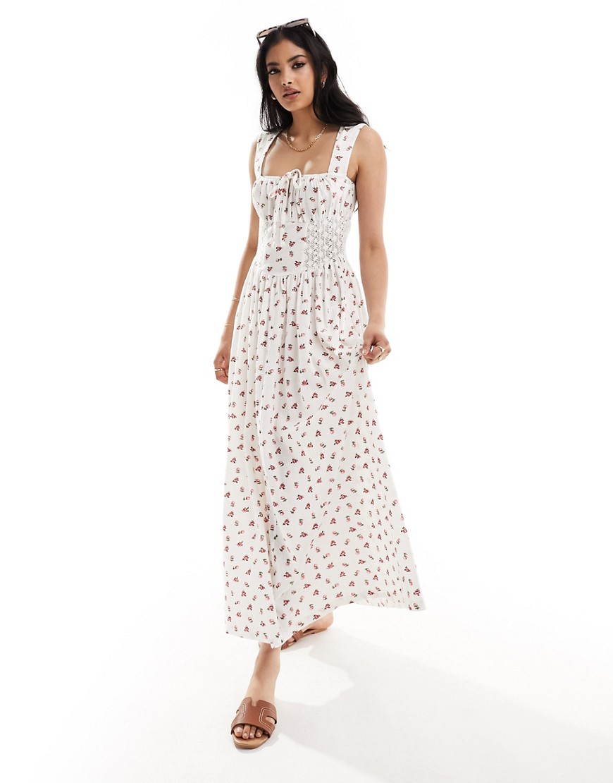 Asos Design Square Neck Ruched Bust Maxi Dress With Lace Inserts In Rose Print-multi