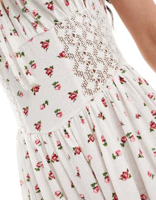 ASOS DESIGN square neck ruched bust maxi dress with lace inserts in rose print, 3 of 4