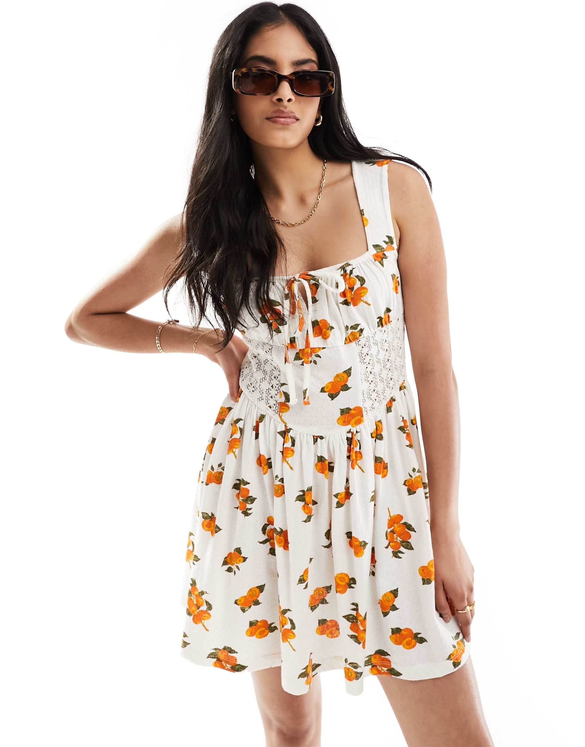 asos design square neck ruched bust mini dress with lace inserts in orange fruit print