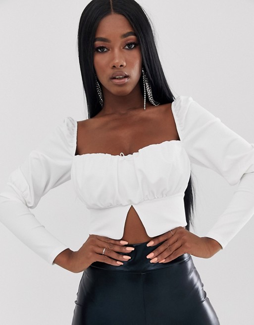 ASOS DESIGN square neck ruched front crop top with puff sleeve | ASOS