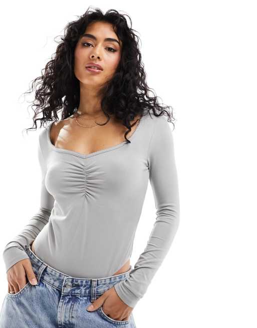 Women's Long-Sleeve Cotton-Modal Squareneck Corset Bodysuit, Women's Tops