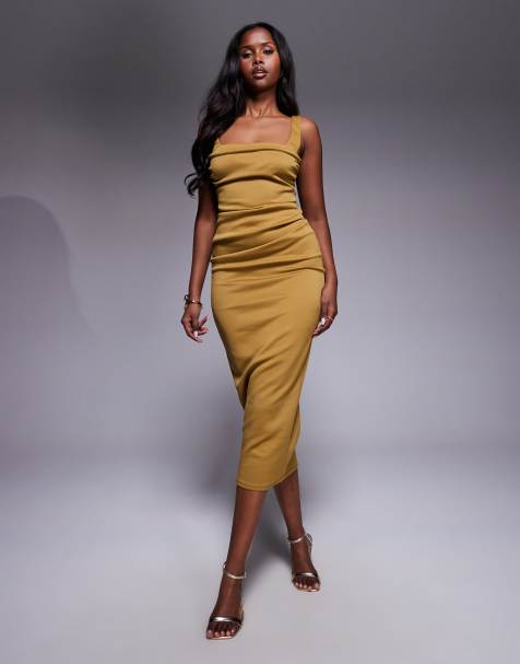 ASOS DESIGN square neck ruched midi dress with neckline detail in bronze scuba-style fabric - view 1