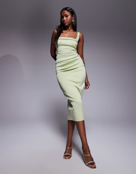 ASOS DESIGN square neck ruched midi dress with neckline detail in sage green scuba-style fabric - view 1