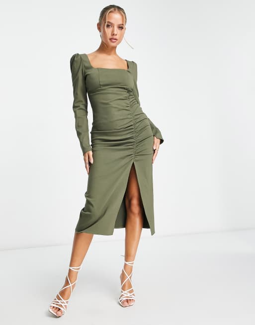 ASOS DESIGN square neck ruched side midi dress in khaki | ASOS