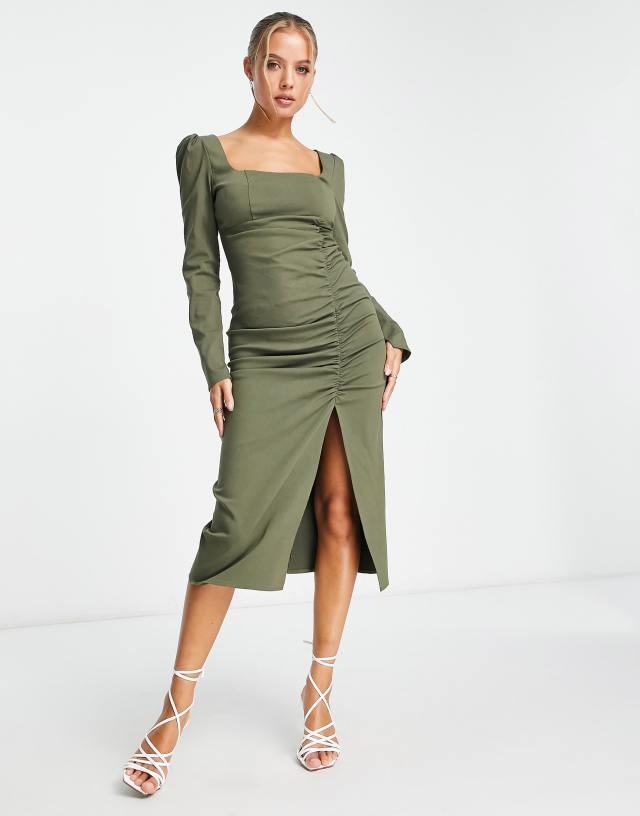 ASOS DESIGN square neck ruched side midi dress in khaki