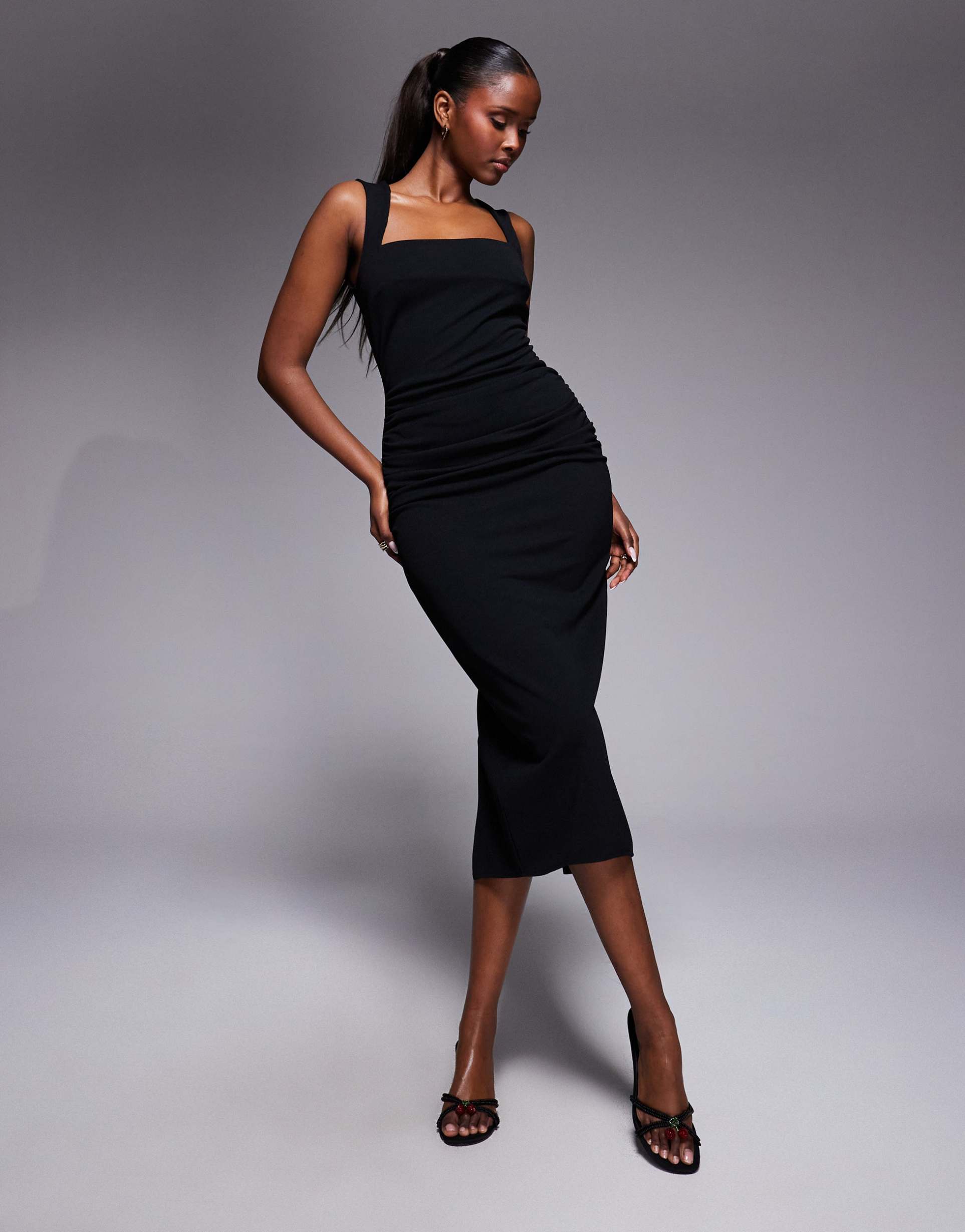 asos design square neck ruched waist midi dress in black