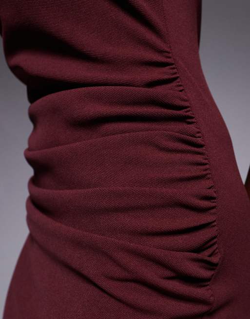 ASOS DESIGN square neck ruched waist midi dress in wine, 3 of 4