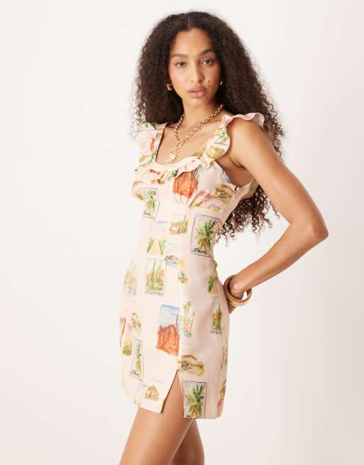 ASOS DESIGN square neck ruffle detail mini dress in Aussie print, 2 of 4