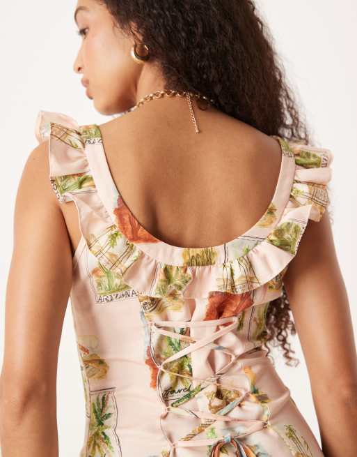 ASOS DESIGN square neck ruffle detail mini dress in Aussie print, 3 of 4