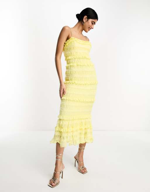 ASOS DESIGN square neck ruffle lace midi dress in lemon