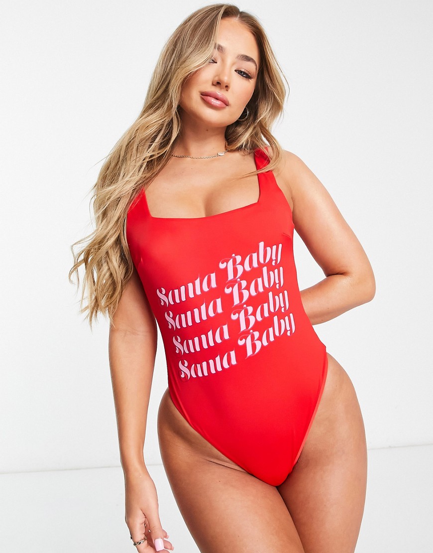 ASOS DESIGN square neck 'Santa Baby' Christmas slogan swimsuit-Red