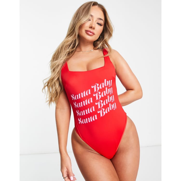 ASOS DESIGN square neck Santa Baby Christmas slogan swimsuit ASOS