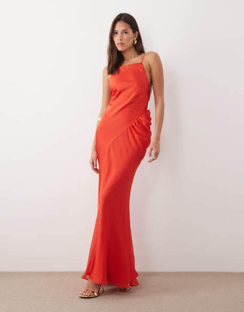 ASOS DESIGN square neck satin and chiffon mix maxi dress in coral - view 1