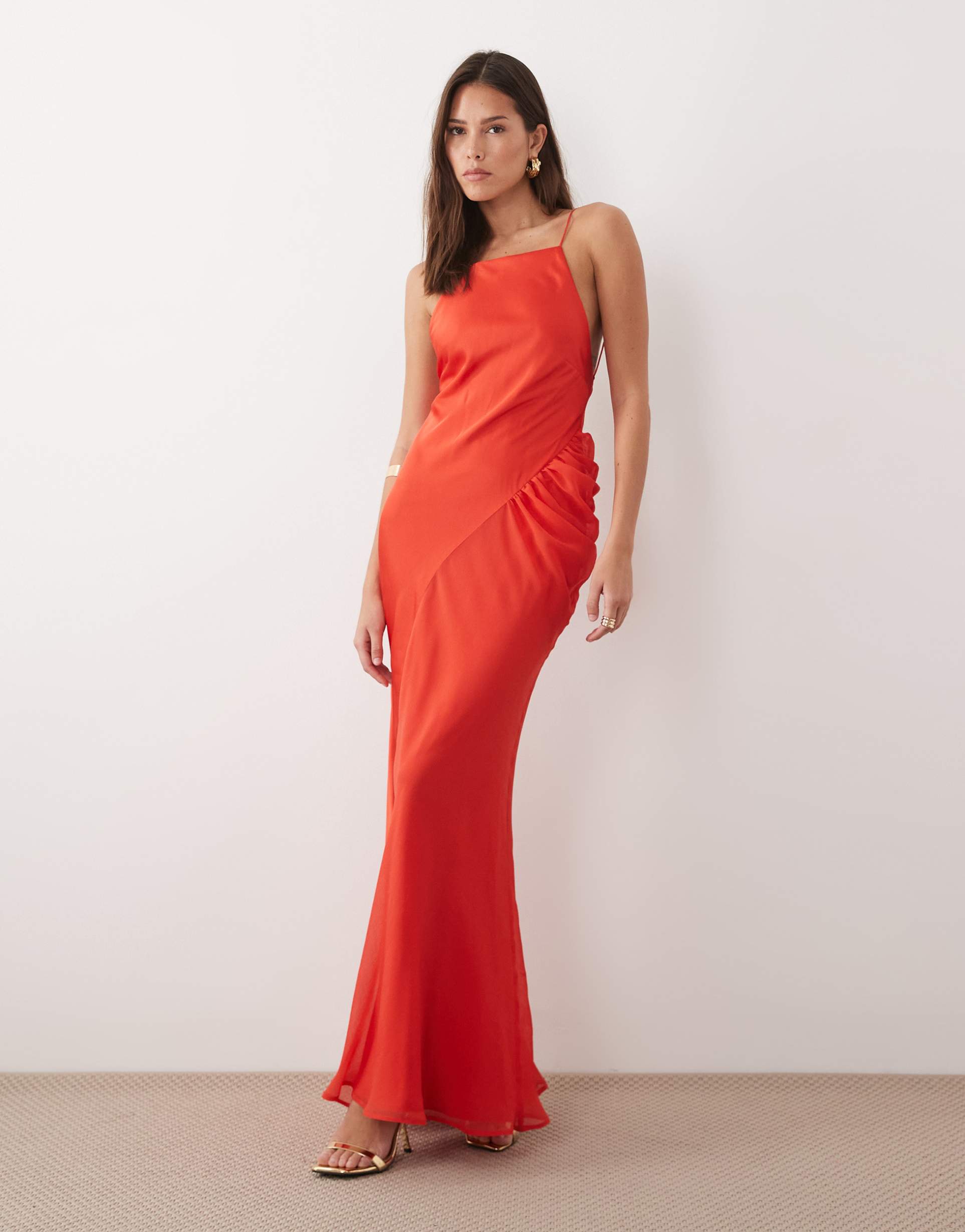 asos design square neck satin and chiffon mix maxi dress in coral