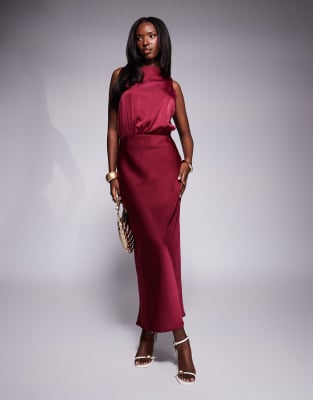 Asos Design Square Neck Satin Blouson Midi Dress In Burgundy-red