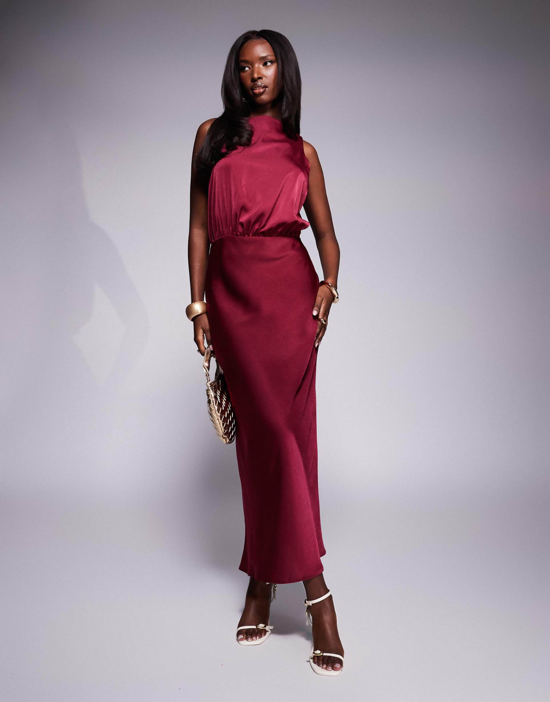 asos design square neck satin blouson midi dress in burgundy