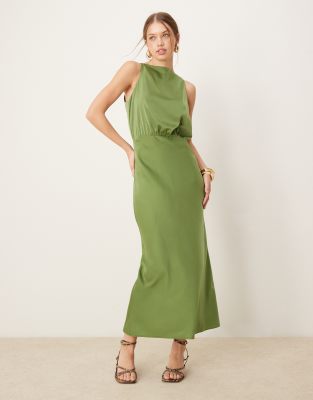 square neck satin blouson midi dress in green-Black