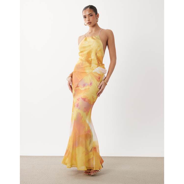 suzette abstract satin maxi dress Sunset Blvd Abstract Satin Maxi Dress - Fuchsia/combo