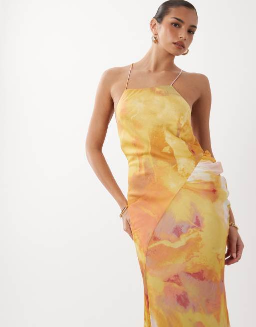 ASOS DESIGN square neck satin-chiffon mix maxi dress in yellow abstract, 2 of 4