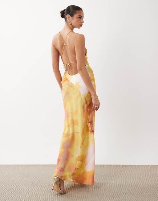 ASOS DESIGN square neck satin-chiffon mix maxi dress in yellow abstract, 3 of 4