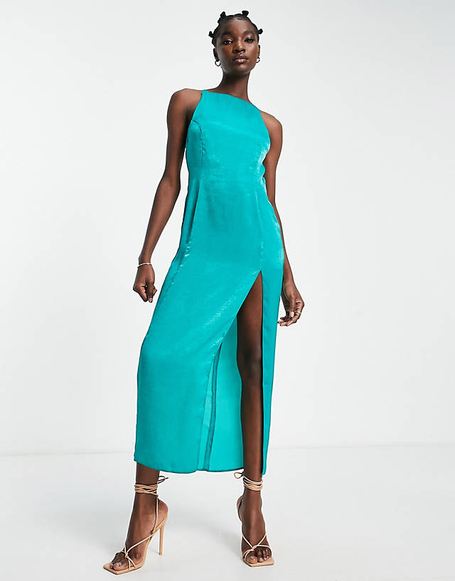 ASOS DESIGN square neck satin maxi dress with ruched skirt