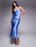 [ASOS DESIGN] ASOS DESIGN square neck satin midaxi dress with mesh panel in blue 10 BLUE
